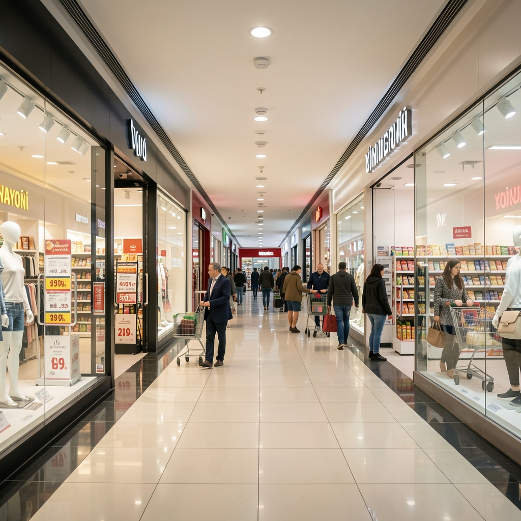 Büyük parlak vitrinli Türk alışveriş merkezinin içinden çekilmiş görüntü, müşteriler alışveriş yapıyor ve fiyat etiketleri görünüyor, tüketici enflasyonu temasını yansıtıyor