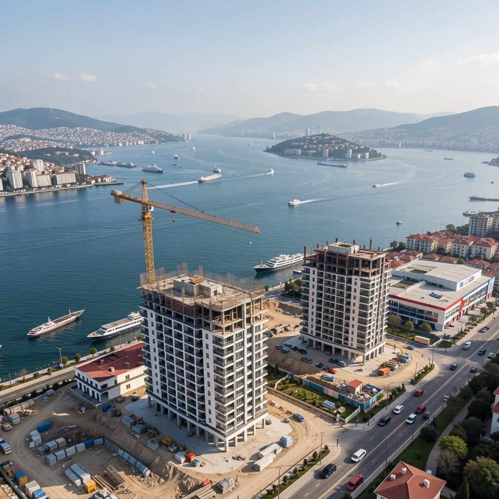 İstanbul boğazı manzaralı modern rezidans ve ticari gayrimenkul projelerinin hava fotoğrafı, yükselen inşaat vinci ve şantiye alanları görünüyor