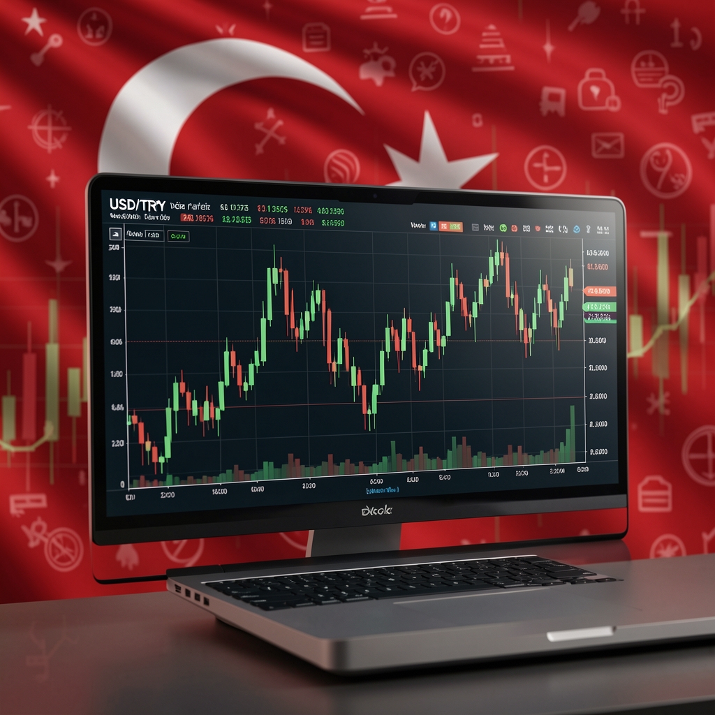 Dijital ekranda USD/TRY döviz paritesi grafiği büyük dalgalanmalarla gösteriliyor, arka planda Türk bayrağı renkleri ve finans sembolleri var