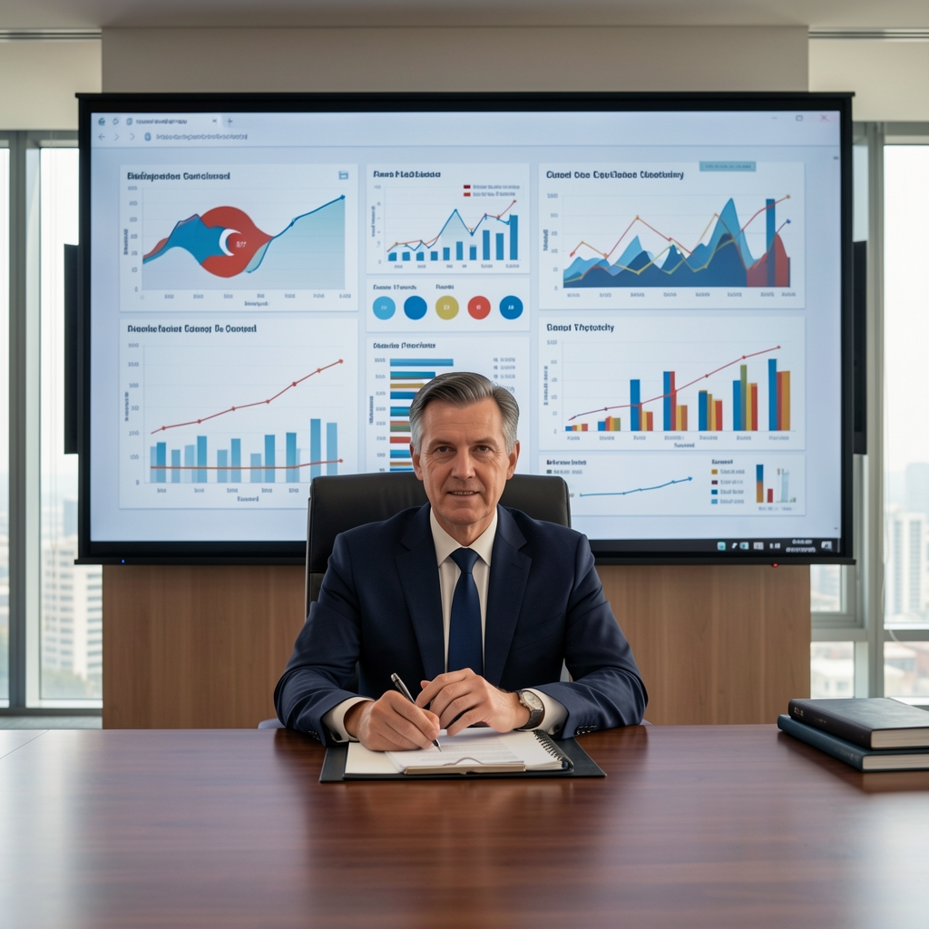 Grafik ve tablolarla dolu büyük bir ekranın önünde oturan ekonomist, Türkiye'nin yıllık TÜFE enflasyon verisini inceliyor