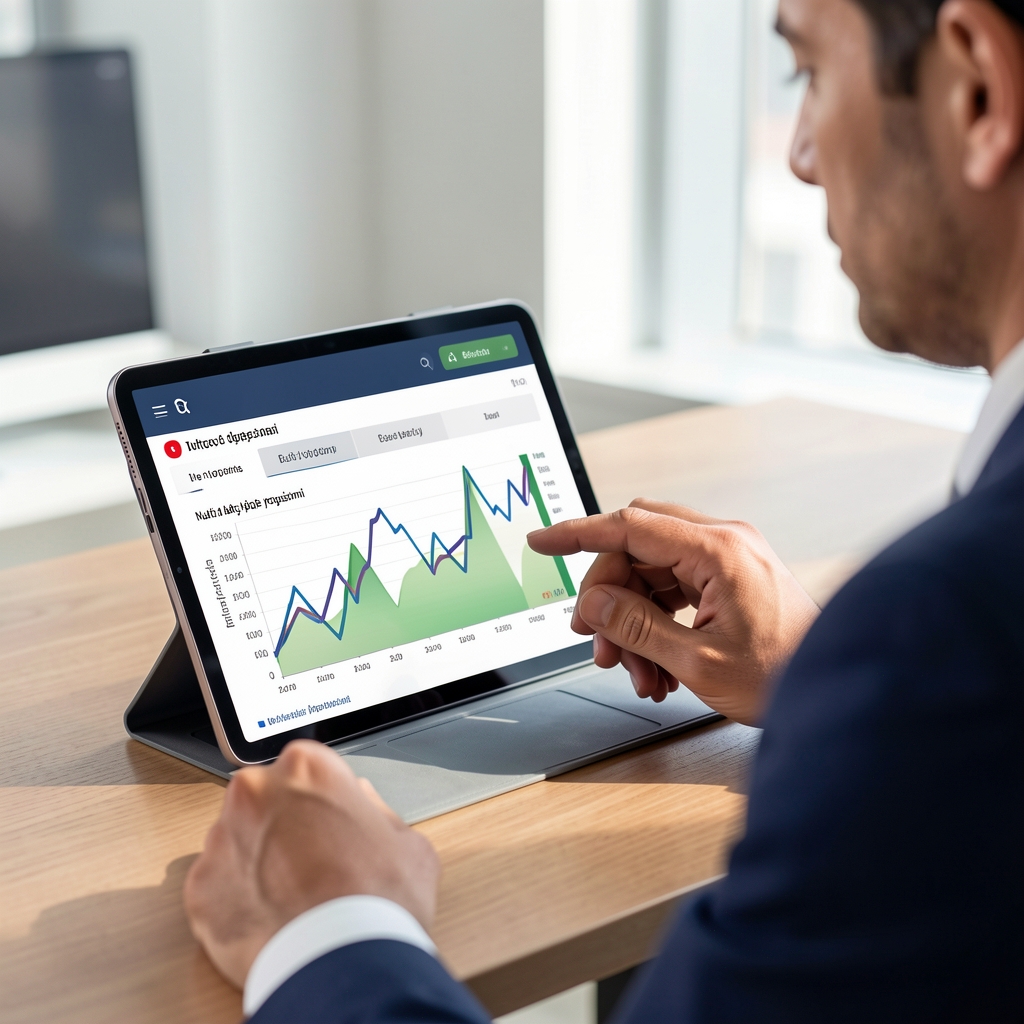 Bir finansal danışman tablette Türkiye enflasyon dönemine ait bütçe yönetimi grafiklerini ve nakit akışı projeksiyonlarını inceliyor