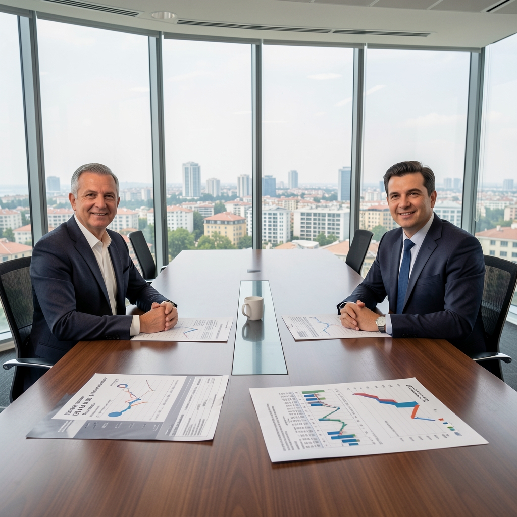 Modern Türk şirket ofisinde CFO ve finans müdürü geniş konferans masasında oturmuş, önlerinde çıktı alınmış nakit akış tabloları ve likidite analizi grafikleri var, arka planda cam bölme ve şehir manzarası